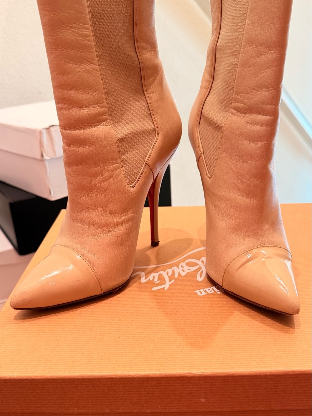 Authentic Louboutin Beige Leather Pointed-Toe Stiletto Boots